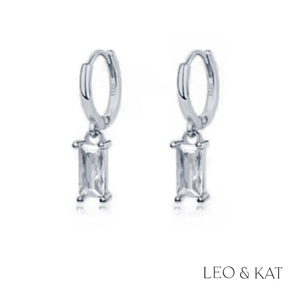 Baguette Zircon Dangle Huggie Earrings Gold & Silver. 925 Sterling Silver. #1040 - Picture 2 of 5